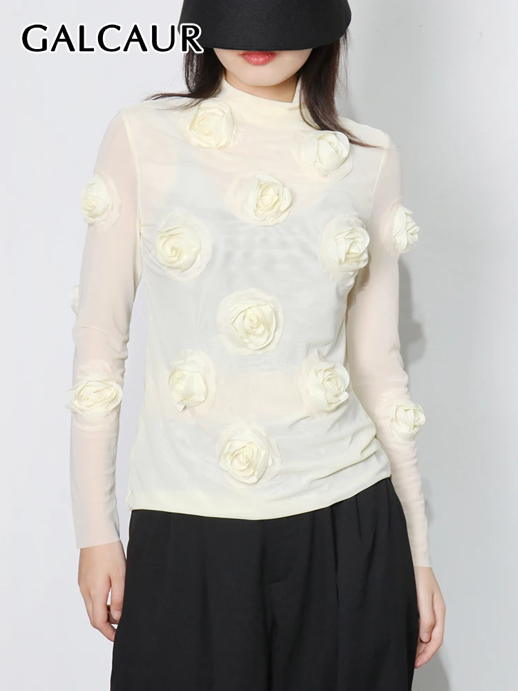 

GALCAUR White Casual Slim Solid Patchwork T Shirt Female Turtleneck Long Sleeve Fashion T Shirts For Women Autumn Style 2022 New