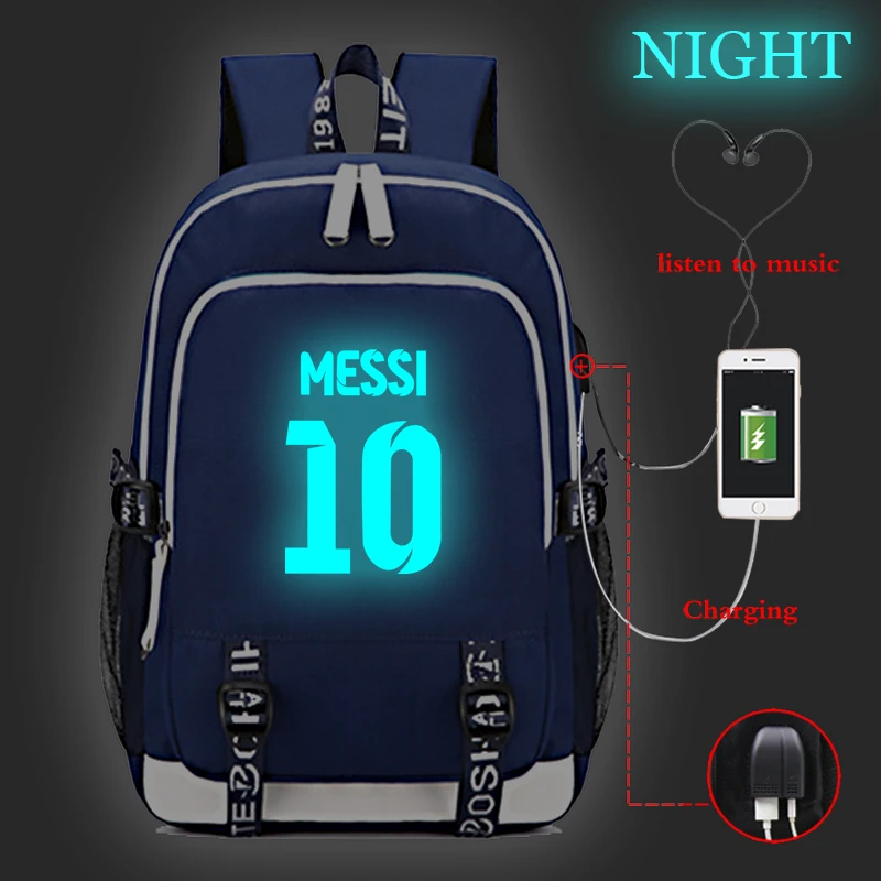 

Beautiful Messi Luminous USB Charge Backpack Student Teens Boys Girls Rucksack Casual Beautiful Men Women Travel Mochila