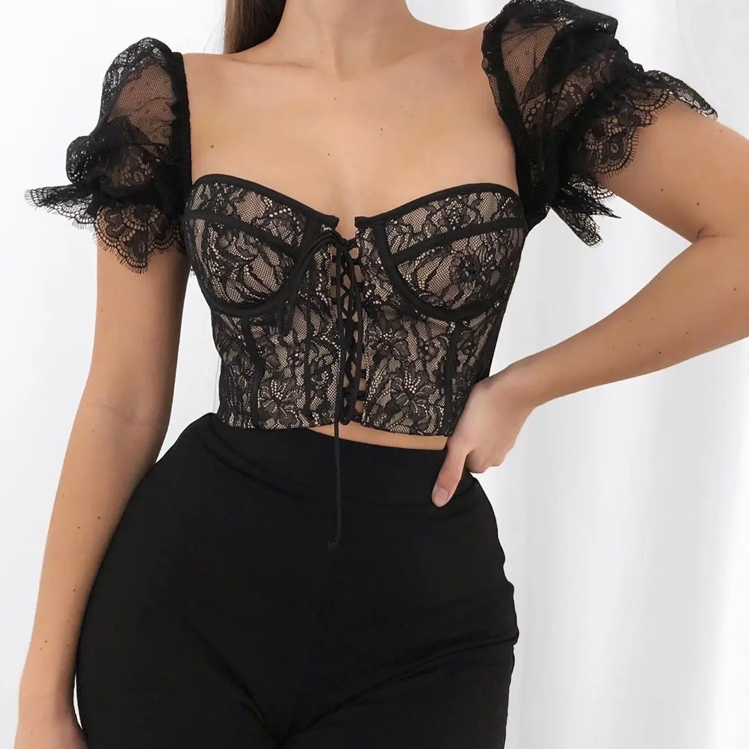 JaneVini Sexy Black Blouses Embroidery Corset Women Shirts Underwire Short Sleeves Strapless See Through Ladies Lace Crop Tops