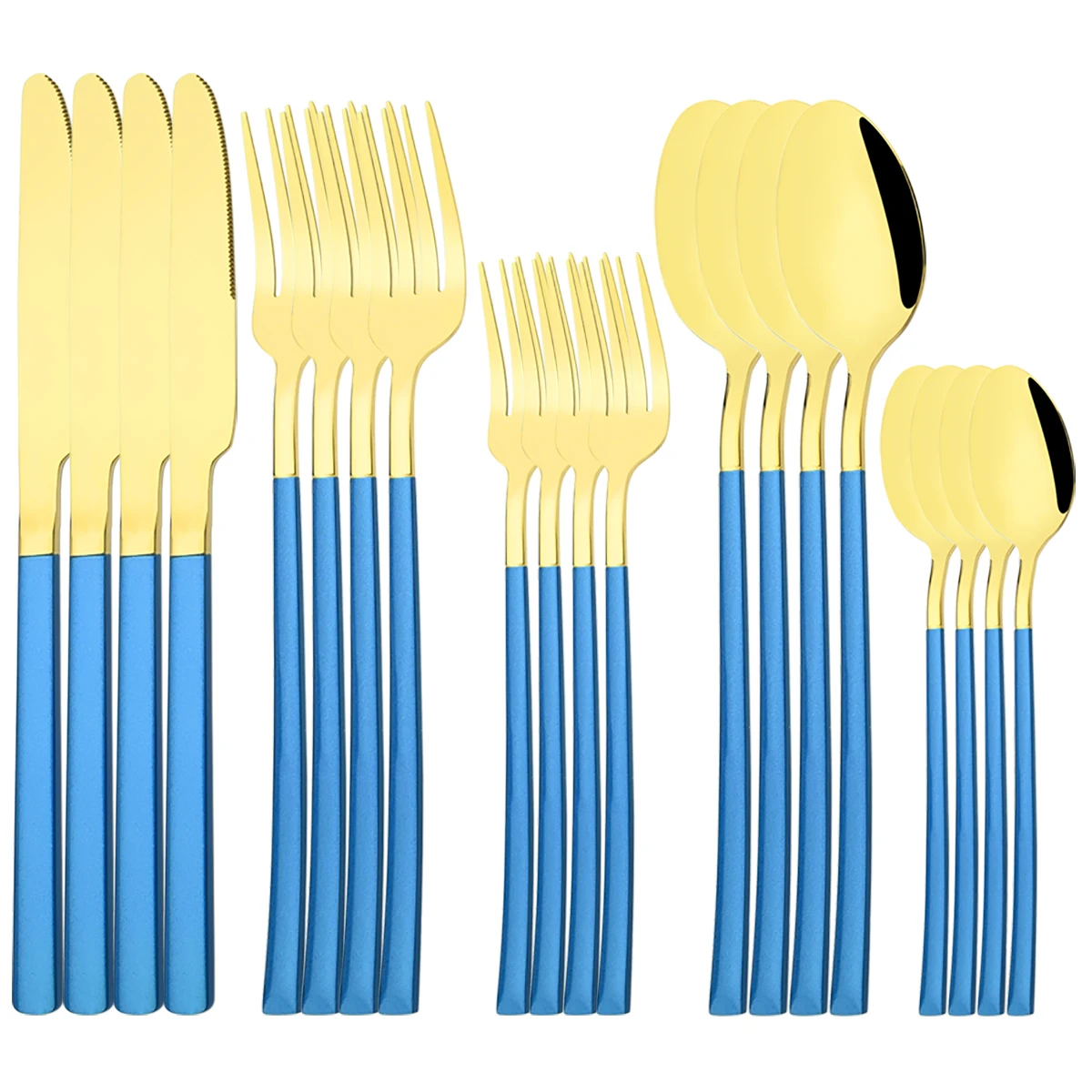 

Набор голубых и золотых столовых приборов, зеркальный нож, десертная вилка, чайная ложка, столовые приборы из нержавеющей стали, кухонные ст...