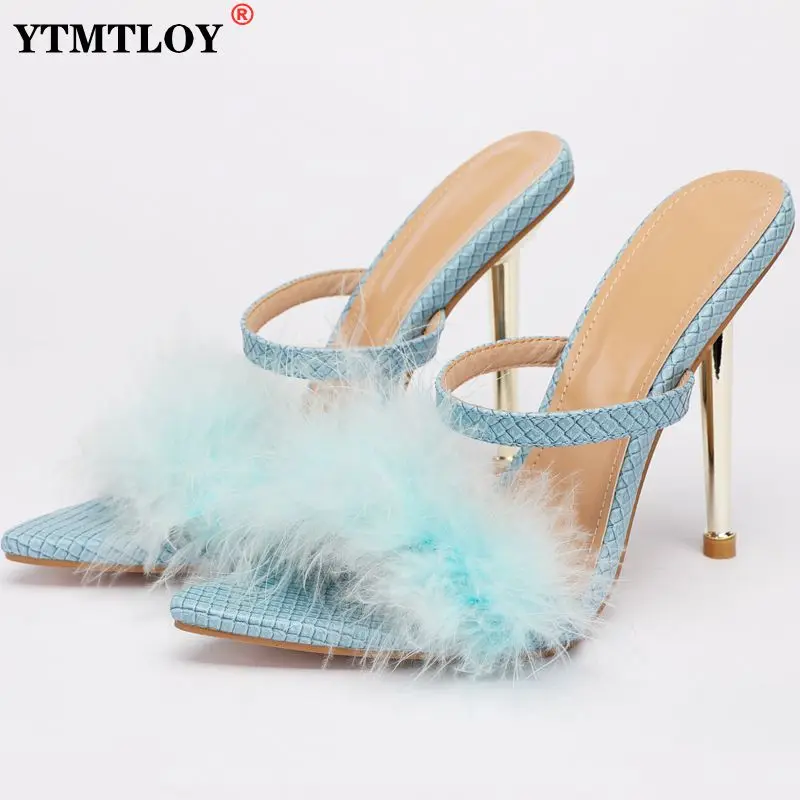 

Sexy Furry Thin High Heels Sandals Slippers Outside Fashion Shallow PU Ladies Pointed Toe Elegant Slip-On Solid Party Slides