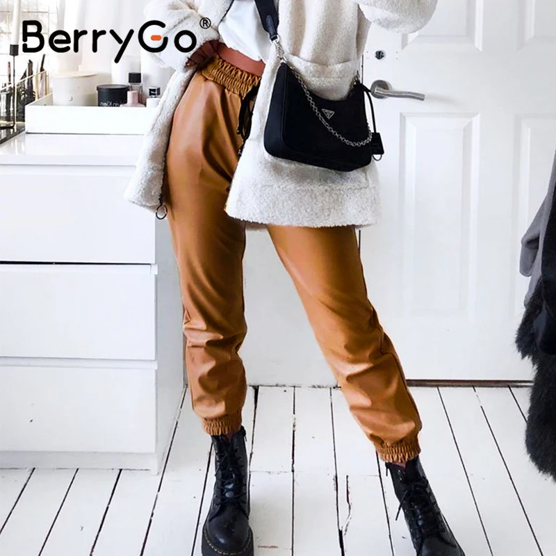Женские повседневные брюки из искусственной кожи BerryGo эластичные с высокой