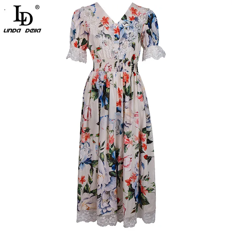 

LD LINDA DELLA 2021 Fashion Runway Summer Vacation Dress Women's V-neck V-neck Puff sleeve Flowers print Elegant Party Dress