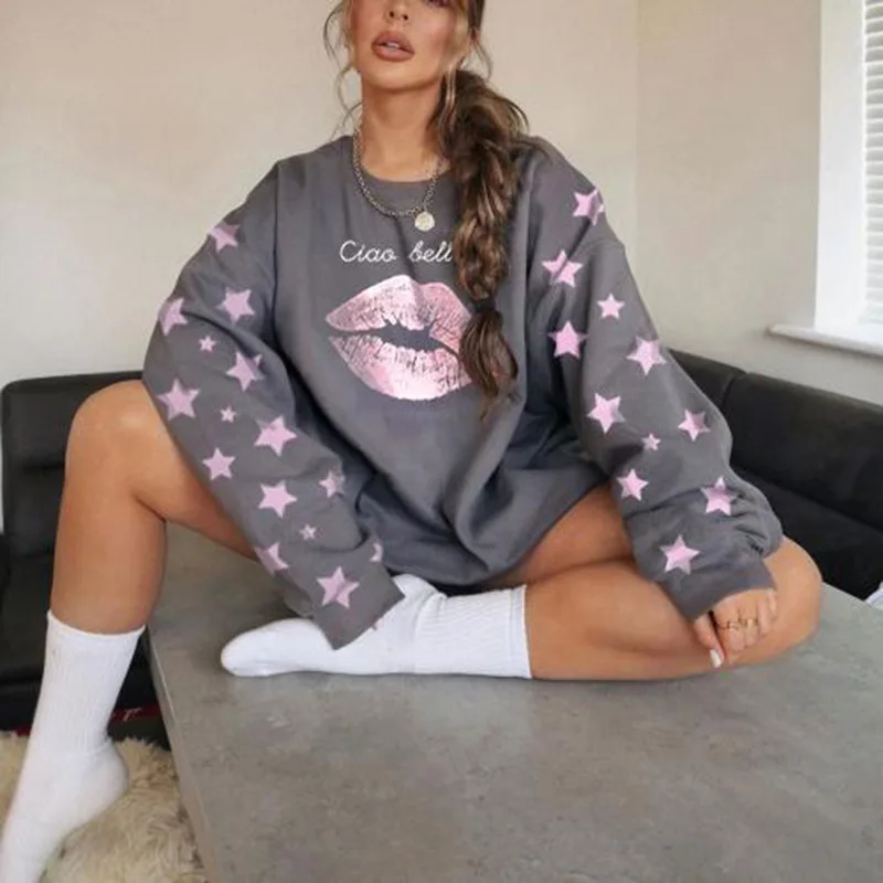 

Lip Letter Print Crewneck Loose Vintage Sweatshirt Women Long Sleeve Fashion Kawaii Girls Streetwear Japanese Fashion Plus Size