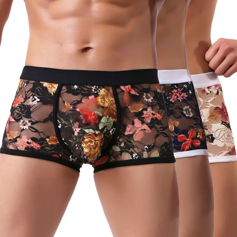 

Men Flower Print Mesh Transparent Breathable Boxer Underpants Ultra-thin Sexy Lace Soft Breathable Men Boxer Shorts Underwear