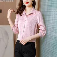 new green pink shirts for women long sleeve satin imitated silk blouse fashion korean style jacquard print floral ladies tops