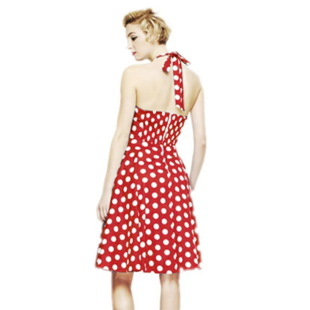 Женское винтажное платье в горошек красное бальное без рукавов с лямкой на шее и