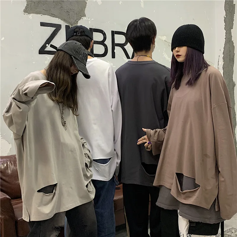 Футболка Sring мужская с дырками рваная Однотонная рубашка в стиле хип-хоп