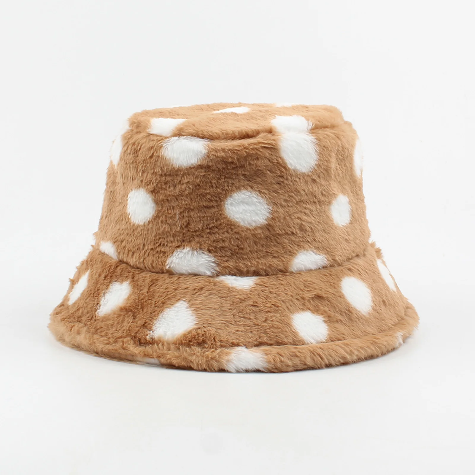 Women Bucket Hat Faux Fur Fluffy Polka Dots Wide Brim Sunbonnet Autumn Winter Casual Cap Spotted Fisherman Bonnet