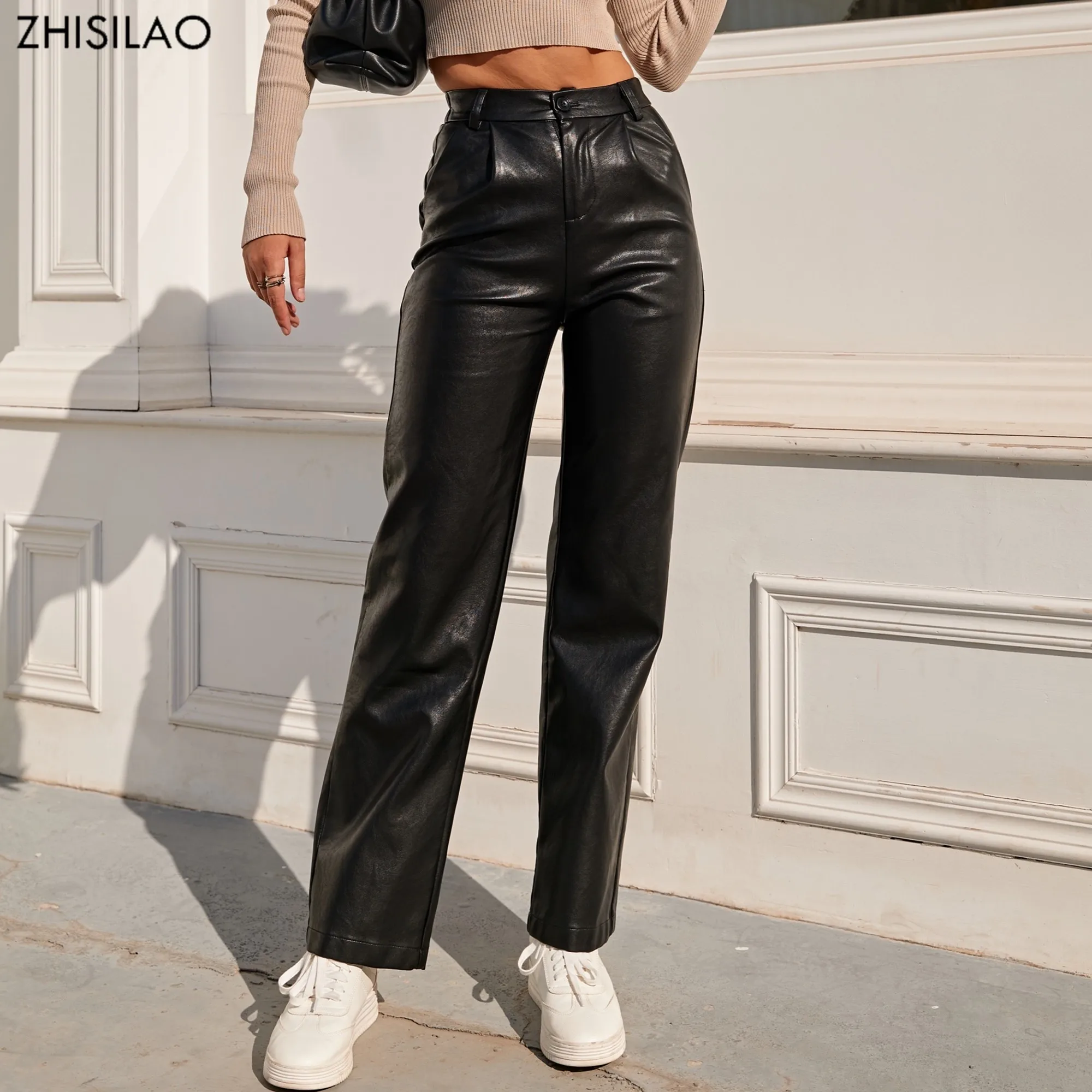 ZHISILAO – pantalon Cargo en Faux cuir pour femme  Streetwear Vintage  ample  droit  noir  printemps