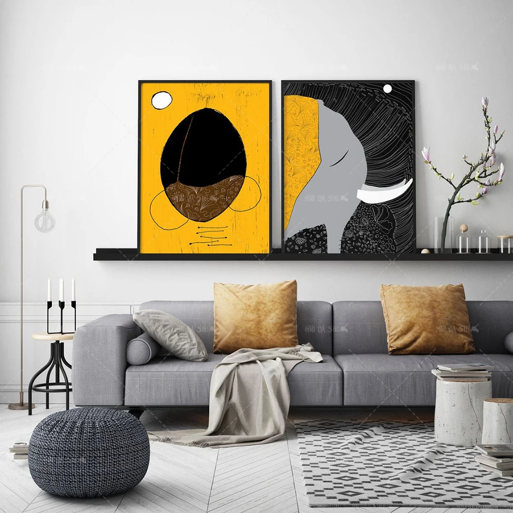 Nordic Плакаты Абстрактная живопись животных головой слона желтый плакат Wall Art