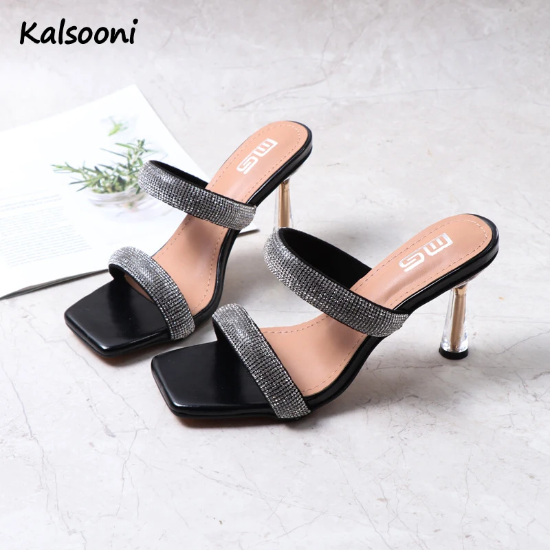 

Kalsooni 2021 New SummerTransparent crystal heel High heel square toe slippers