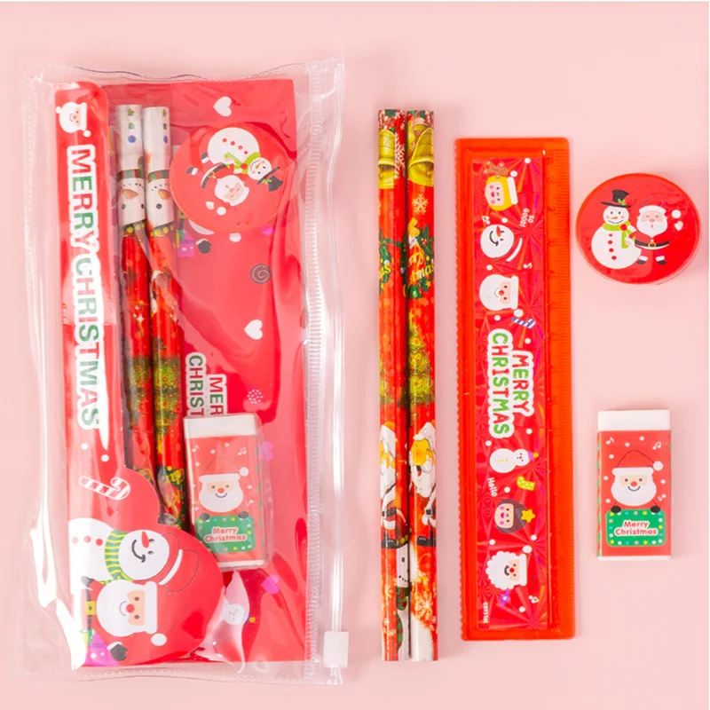 

Kawaii Christmas Stationery Set Pencil Eraser Pencil Sharpener Ruler Pull Side Bag Student Stationery Holiday Gift