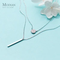 modian sterling silver 925 shining zircon disc geometric stick pendant necklace for women double layer necklaace fine jewelry