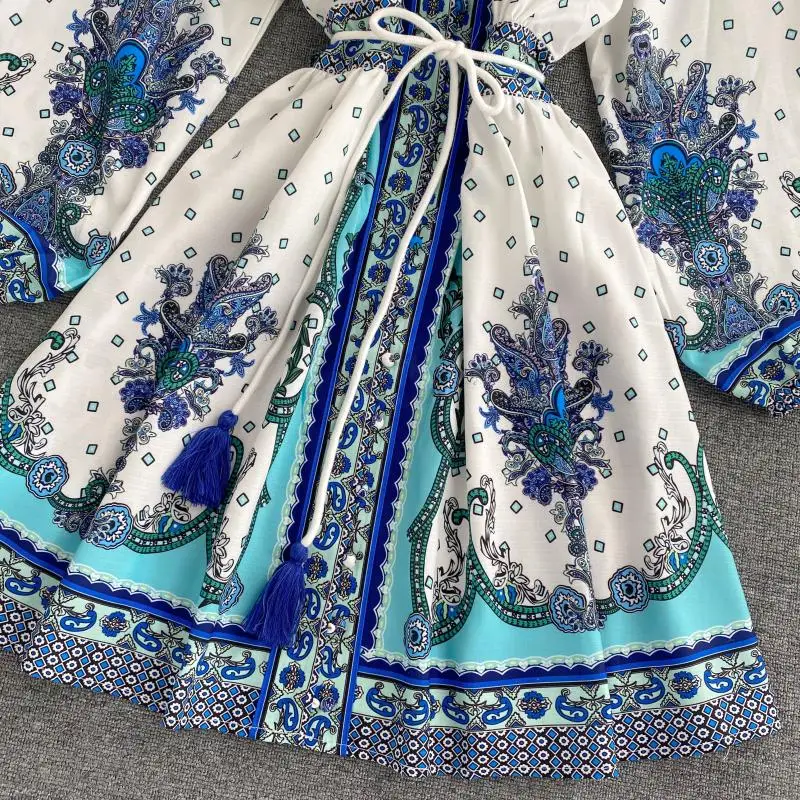 

FMFSSOM 2021 New Arrival Retro Puff Sleeve Print Stand Collar Dress Fashion Ladies Vintage A-line Bandage Slim Short Dress