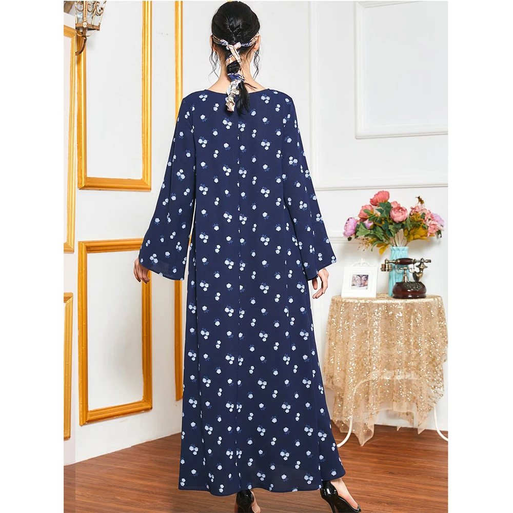 

Abaya Muslim Women Embroidery Floral Printed Long Dress Casual Plus Size O-neck Long Sleeve Maxi Robe Ramadan Kaftan Arab Jilbab