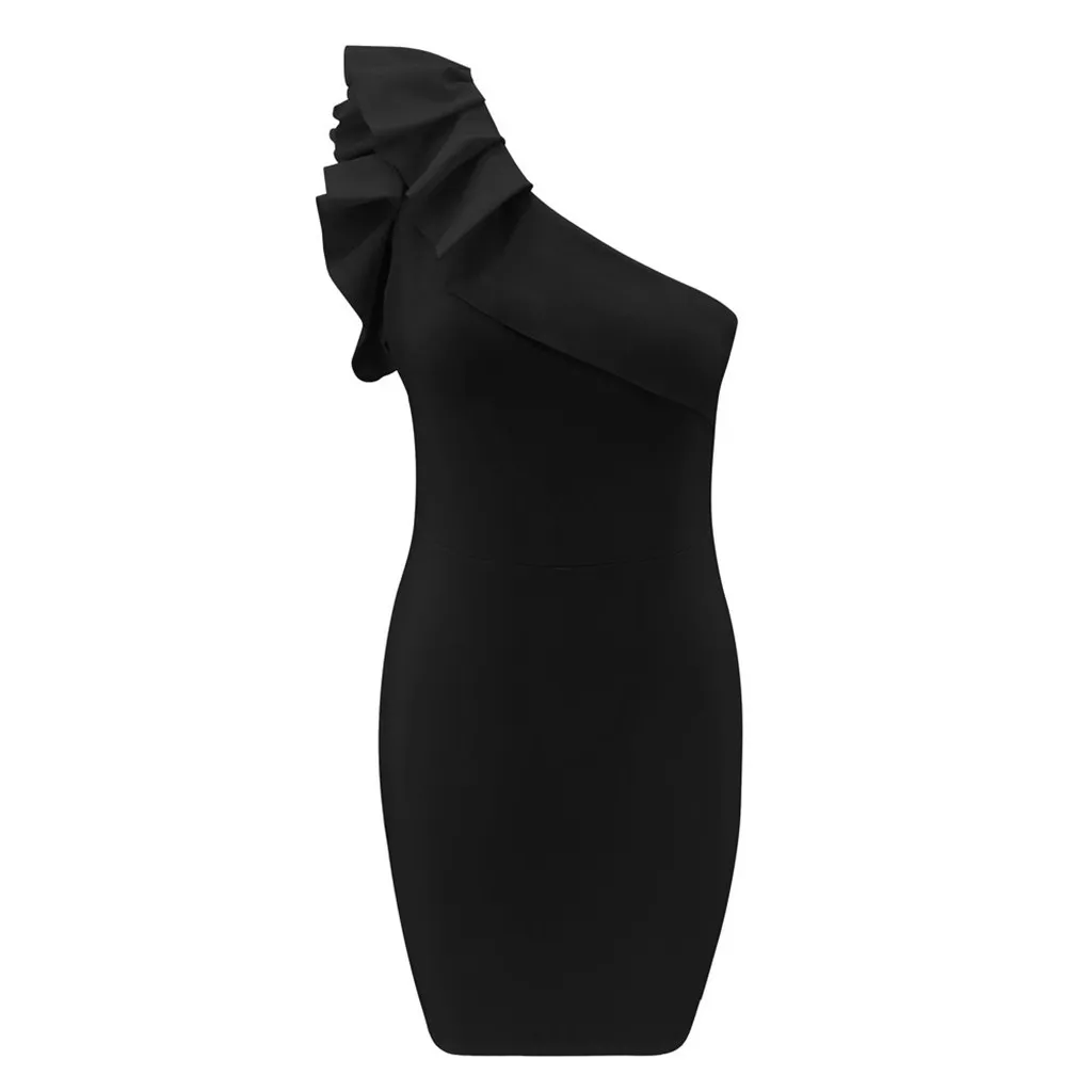 

Women's Strapless Shoulder Ruffle Sleeveless Solid Casual Dress Women's Commuting Knee High Waist Slim Dress