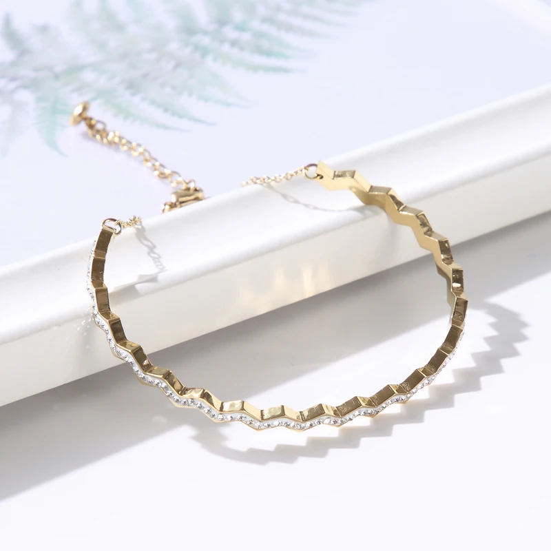 

Trendy Stainless Steel CZ Crystal Bangles & Bracelets Gold Color Spring Clasp Bracelet For Women Girl Wedding Party Jewelry Gift