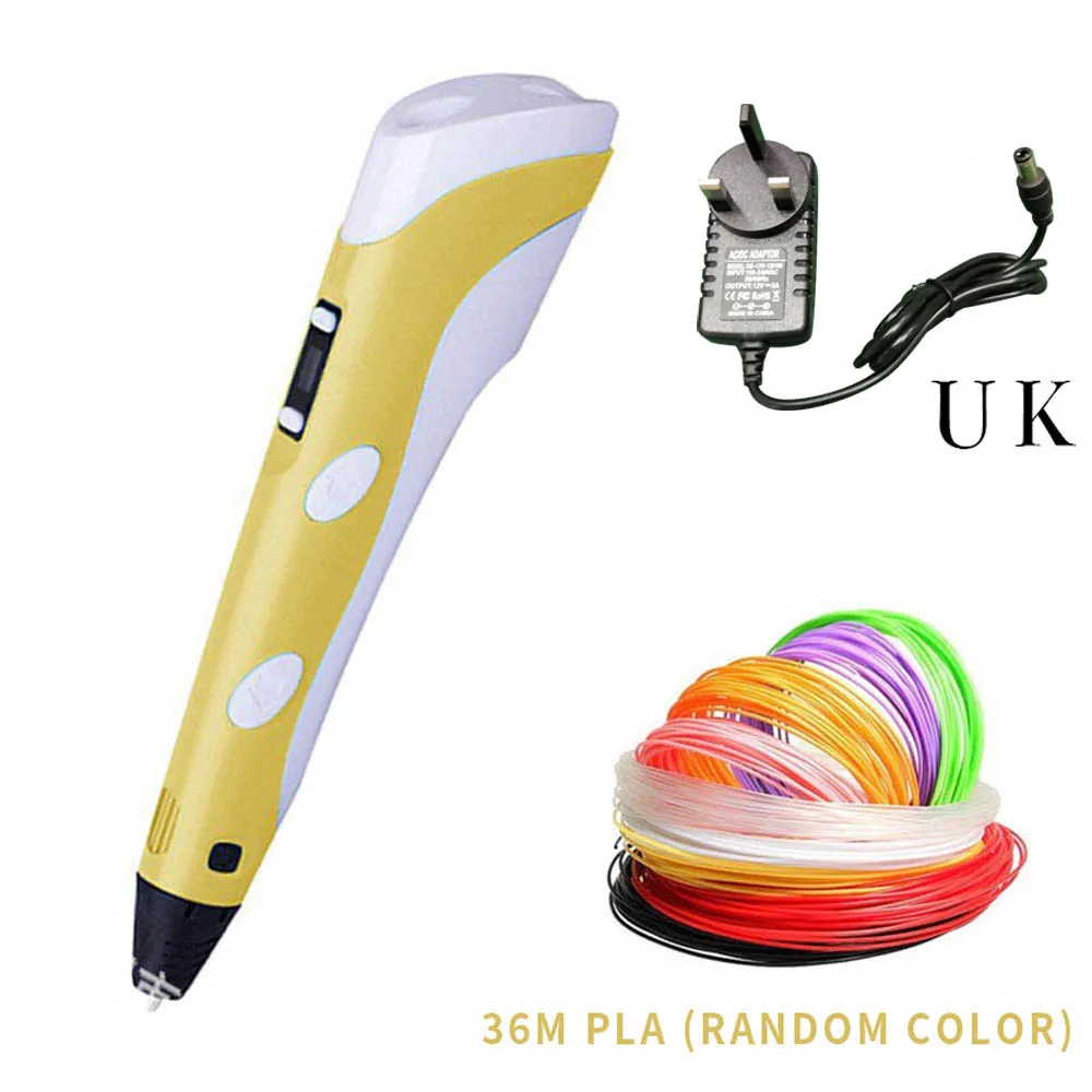 yellow 36m UK Креативная 3d-ручка с PLA нитями, регулируемая температура, Нетоксичная ручка для рисования, детские подарки на день рождения, обучающая игрушка - Цвет: yellow 36m UK