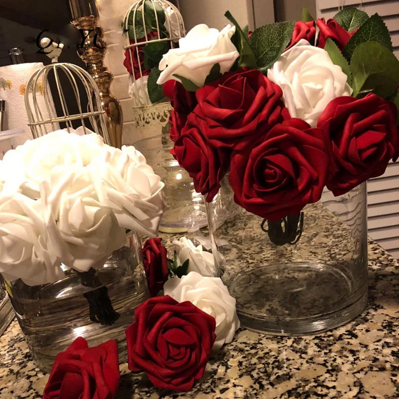 

10Pcs 8cm Heads Roses Flower Bouquet Foam Artificial Fake Flowers with Leaf Wedding Home Decoration Floral Wreath Scrapbooking