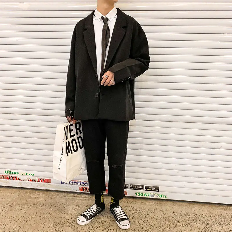 

Spring And Autumn 2020 New Black Dark Brown Men's Korean Blazer Jacket Young Casual Retro Loose Suit Size M-2XL