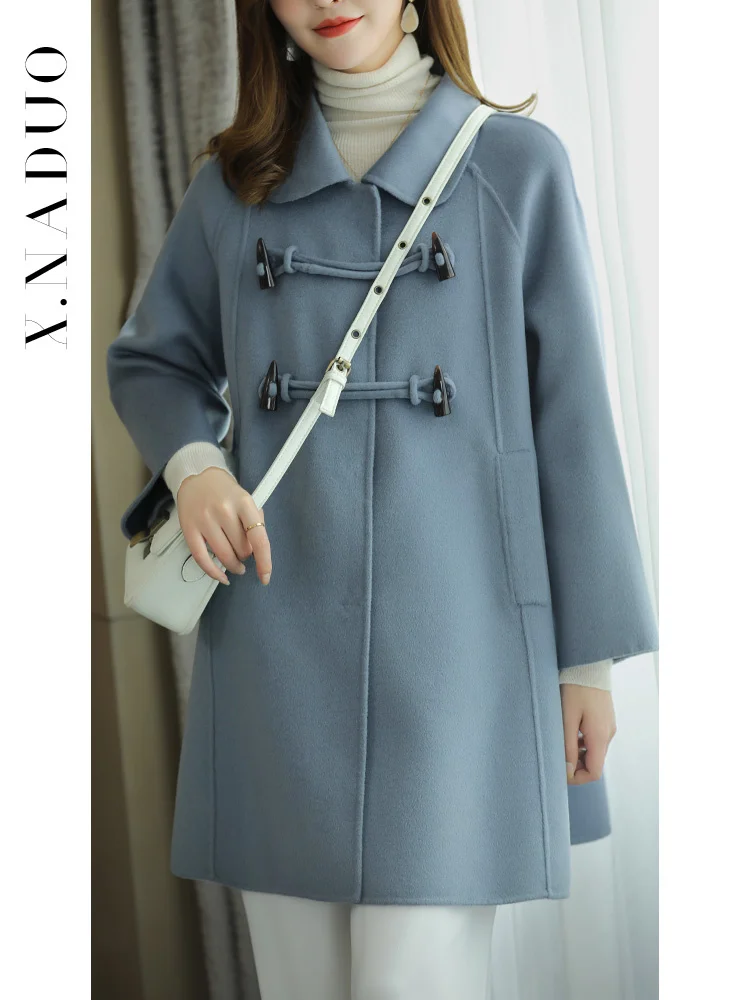 

Ox horn buckle wool coat 2021 new autumn and winter loose Korean version medium and long zero cashmere double-sided coat women