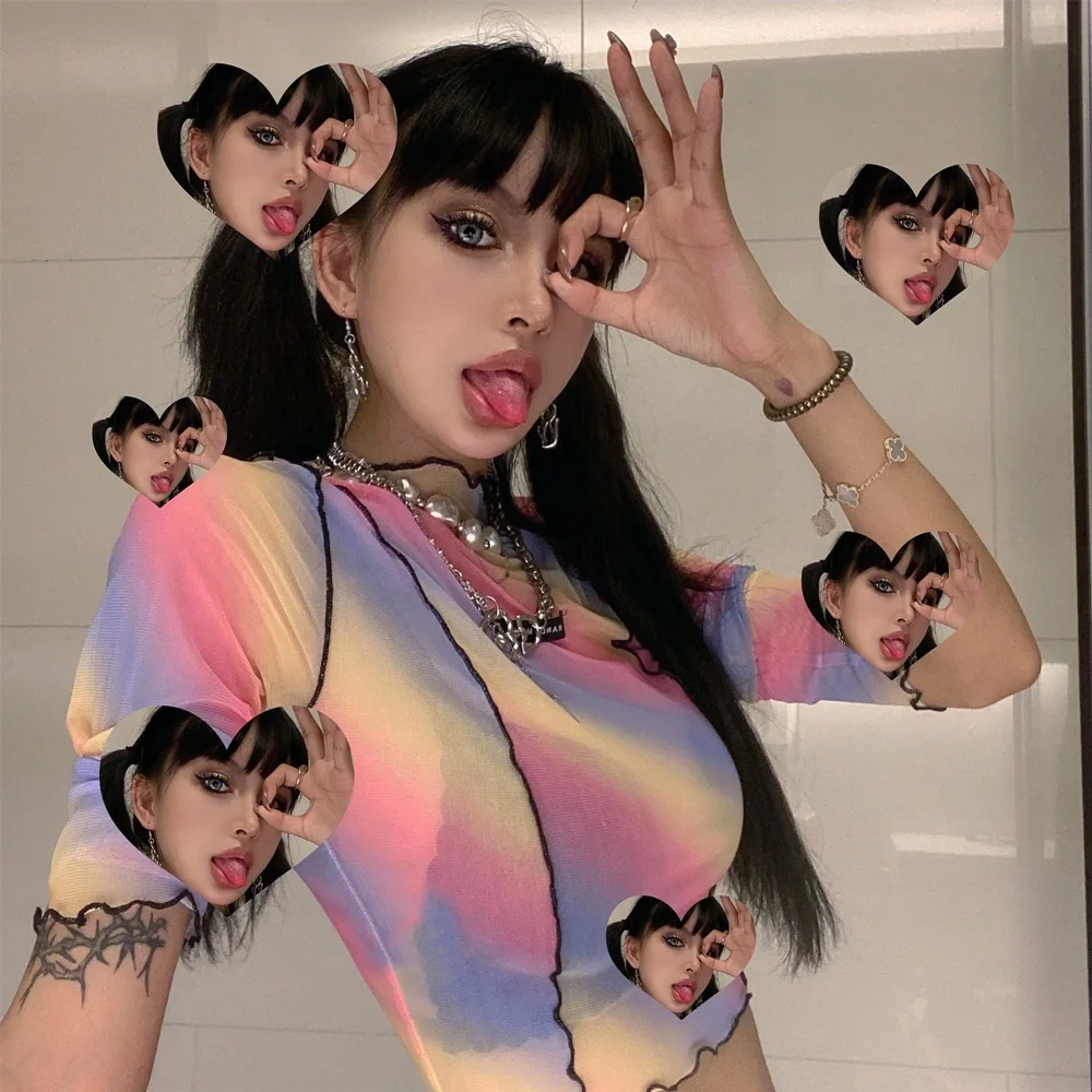 

2021 Women 2021 Autumn New Fashion Sexy Printed Gauze Wood Ear Navel T-Shirt Top Anime Clothes Iridescence clothing jacquemusing