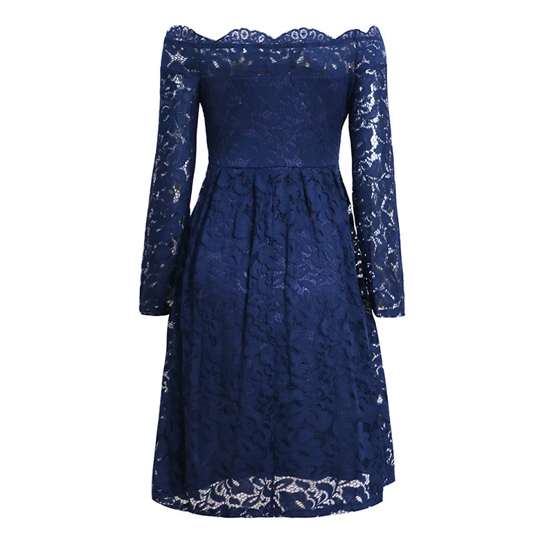 

BacklakeGirls Women's Boat Neck Long Sleeve Cocktail Dress Vintage Solid Color Lace Cocktail Party A-Line Swing Ladies Dress
