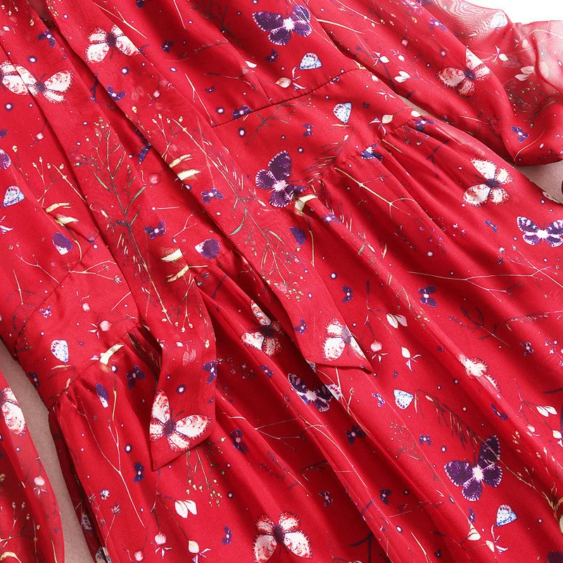 

Fashion High Women Street Spring Dress 2021 New Elegant Lady Ruffle Neck Butterfly Print Mid Calf Bohemian Chiffon Dress Vestido