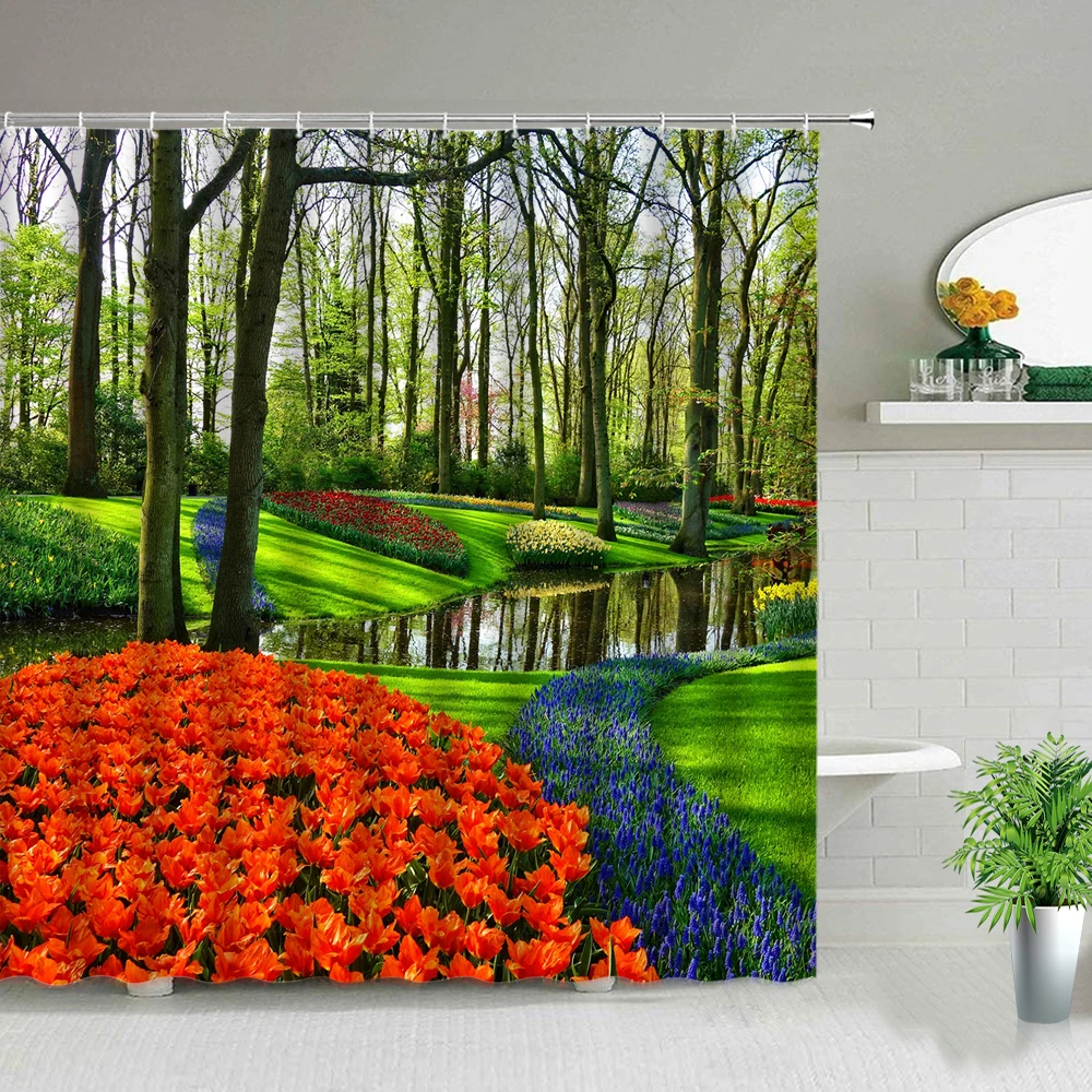 

Шторы для душа с природным пейзажем, водонепроницаемые тканевые занавески на стену, летний фон с изображением цветов и деревьев, с крючками,...