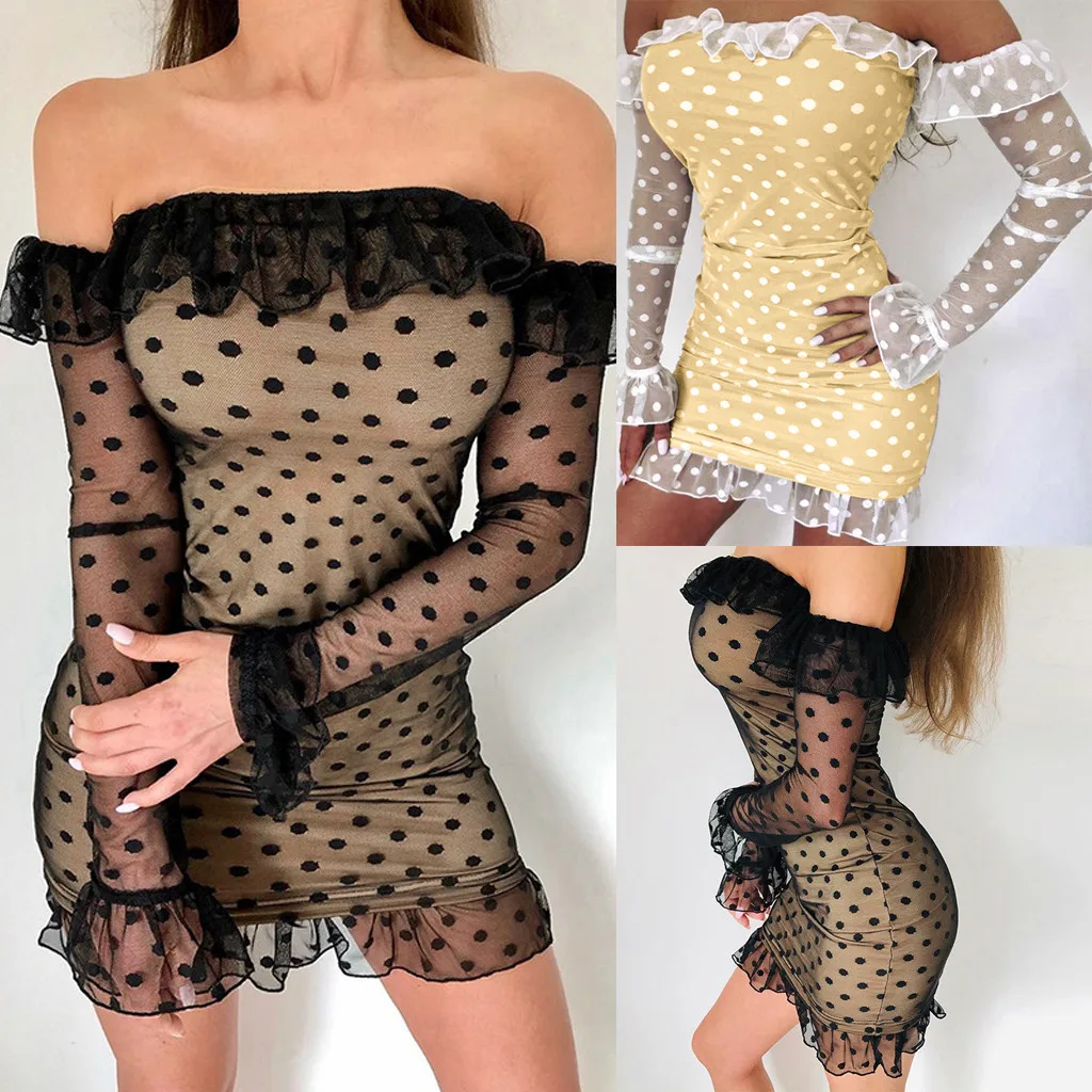 Модные ужин вырез в горошек с принтом оборками mesh gauze/двухслойное платье длинными