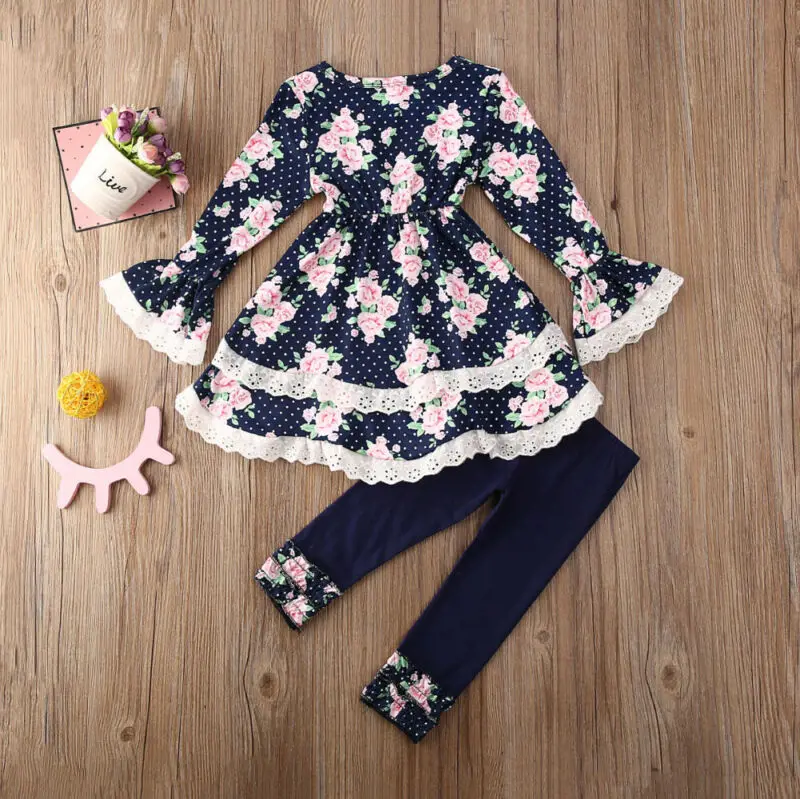 Детская одежда для маленьких девочек кружевной топ с цветами штаны леггинсы