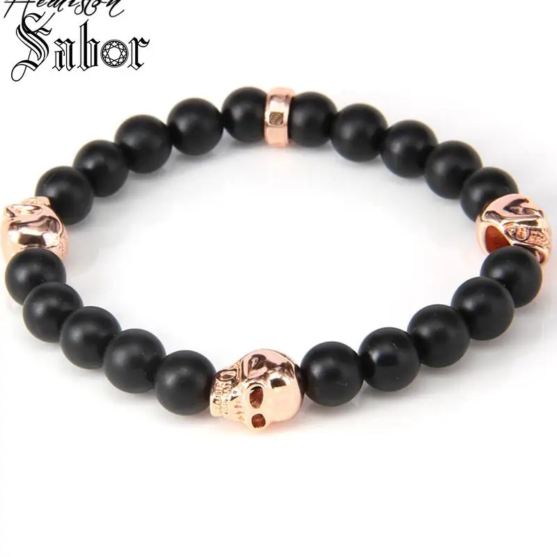 Черный обсидиан и розовое золото бусины черепа эластичный браслет Rebel Rock