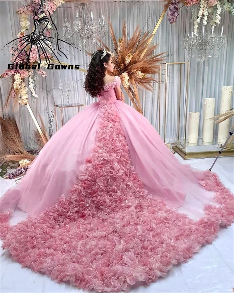 

Cinderella Pink Ball Gown Quinceanera Dresses Ruffles Formal Prom Graduation Gowns Princess Sweet 15 16 Dress Vestidos De