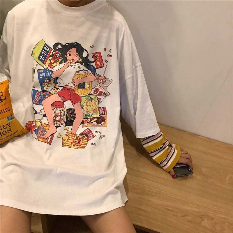 NiceMix, осенняя Женская одежда, корейский Ulzzang, Harajuku, футболка с забавным принтом, поддельные две футболки с длинным рукавом, женские свободные футболки