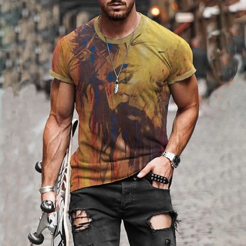 

2021 Summer Men's T-Shirt Fashion O-Neck Short Sleeve Abstract Print Tee Plus Size Pullover Casual Cotton Blend Loose Tops