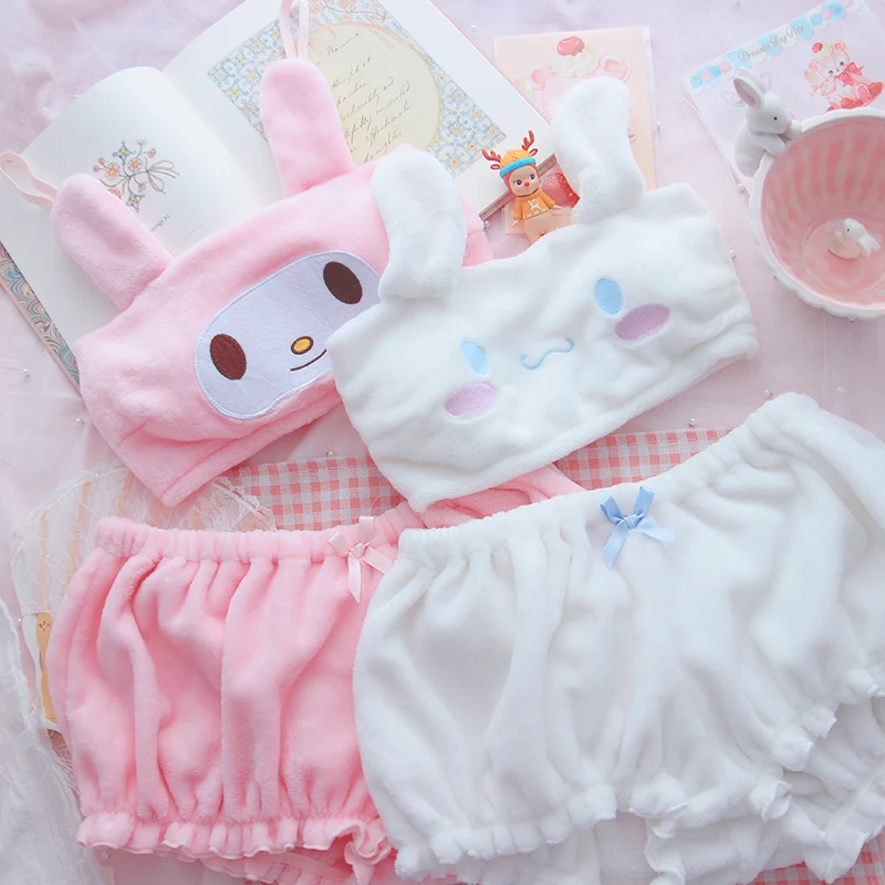 Conjunto de pijama Kawaii de peluche para ni&ntilde;as, ropa interior de terciopelo, pantalones cortos, ropa de dormir, Lolita-5