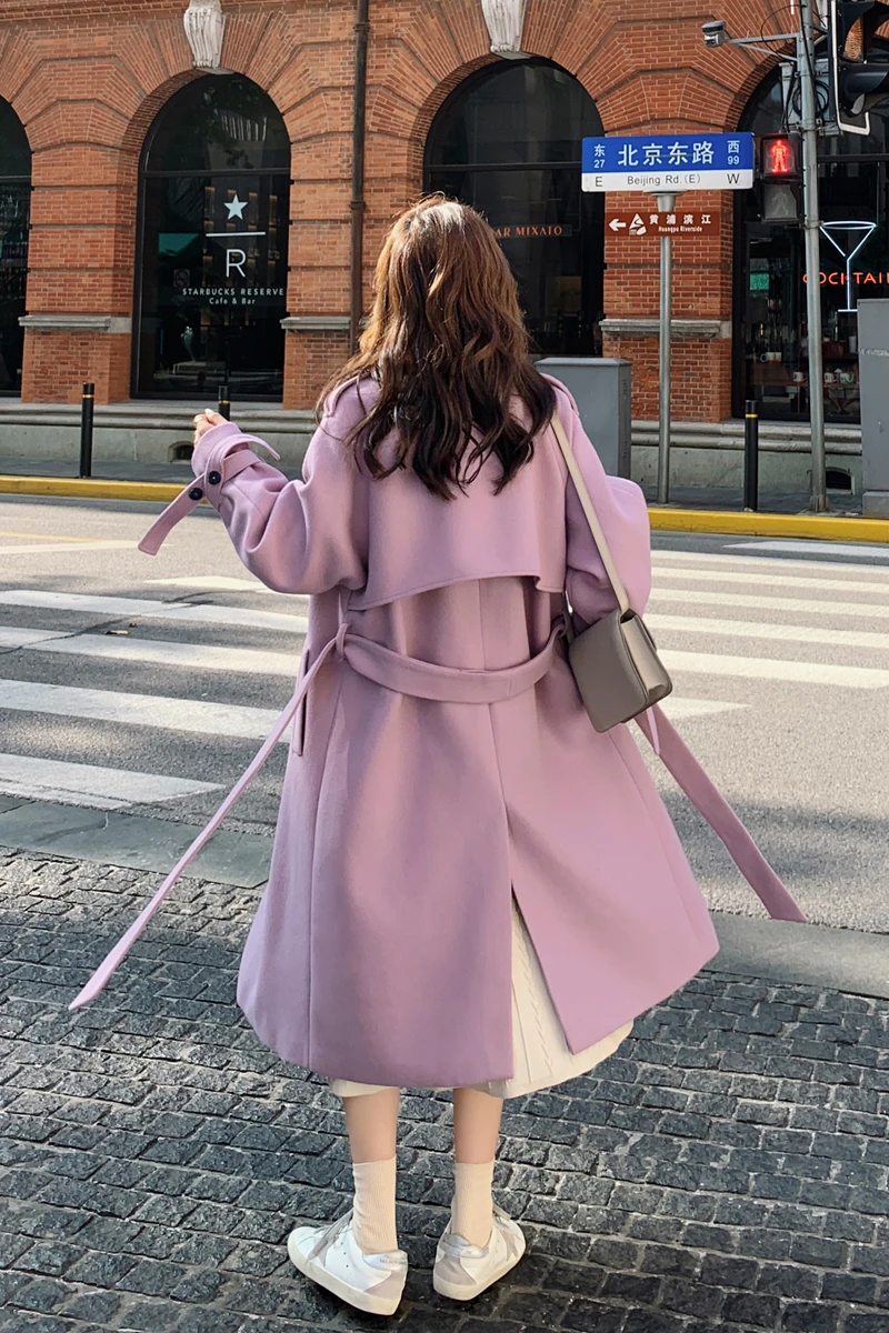 

2020 New Autumn and Winter Korean Style Mid-Length Taro Purple Woolen Coat Thickened Woolen Coat Women