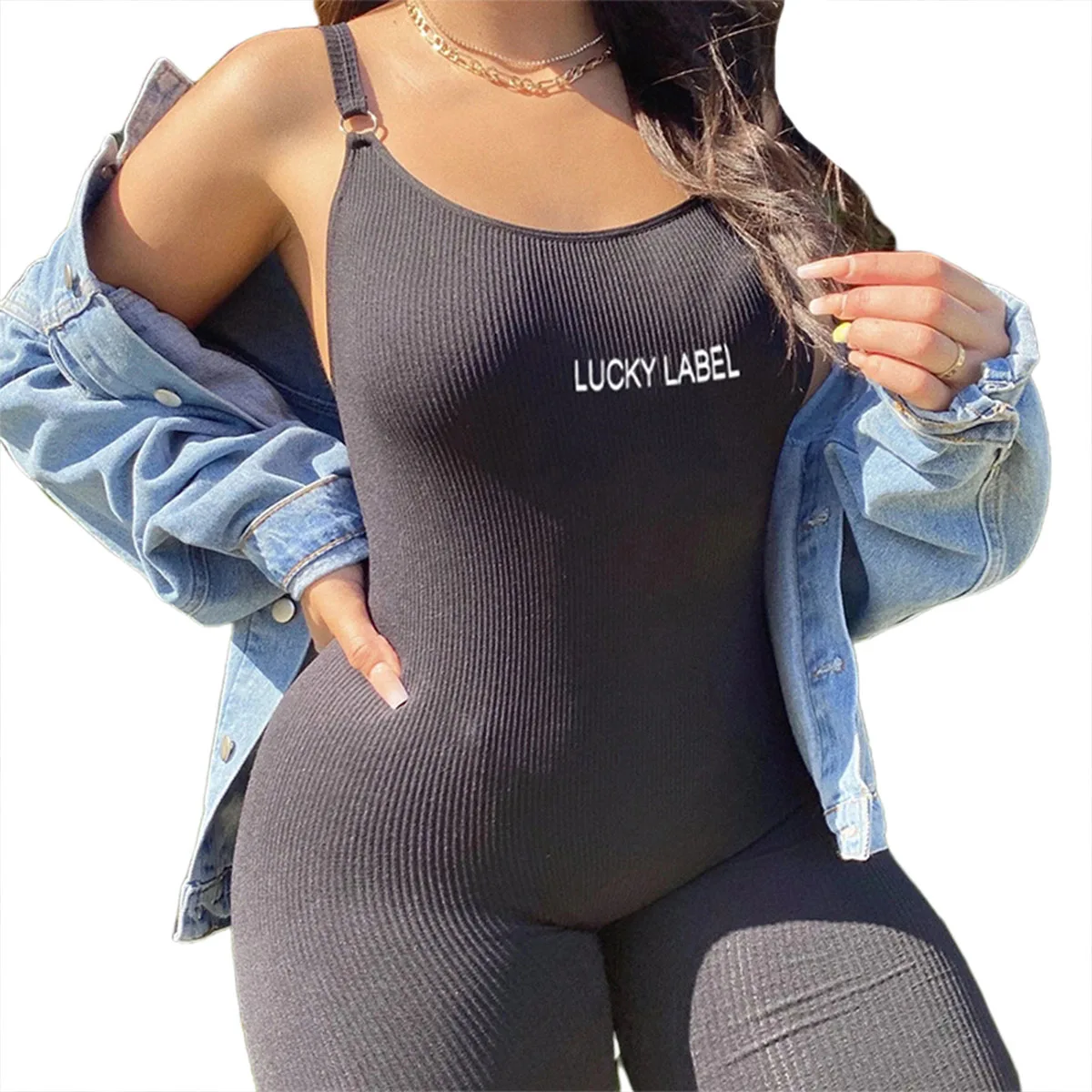 

Hirigin, модные женские комбинезоны с открытой спиной, ребристые облегающие тренировочные комбинезоны без рукавов, модные костюмы с вышивкой н...