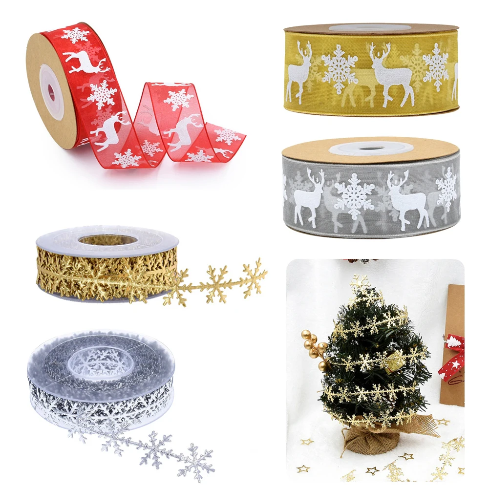 

5m/10m Christmas DIY Fabric Swirl Ribbon Christmas Ribbon With pearl Gift Classic Wrapping Christmas Tree Ribbon Wreath Bows