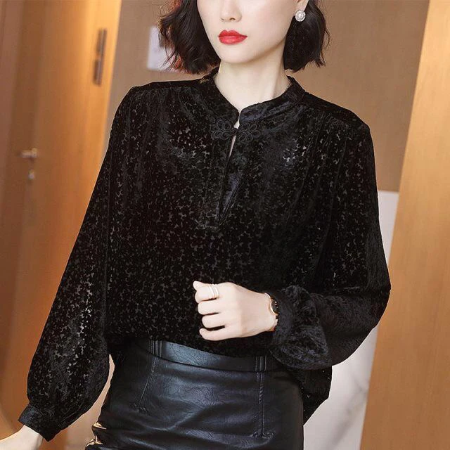 Повседневная Женская Черная велюровая блузка с воротником-стойкой и длинным