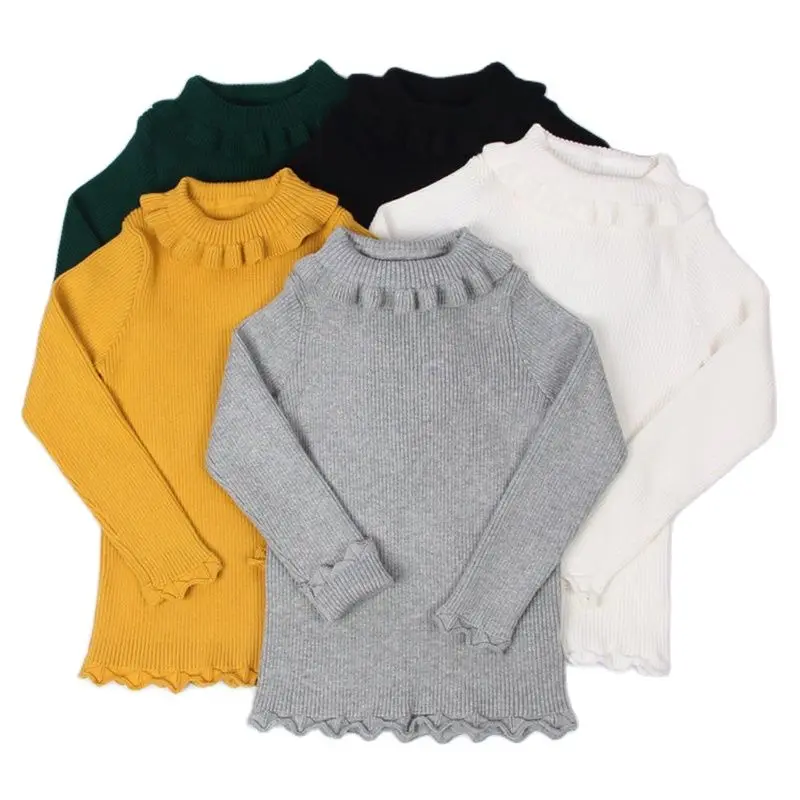 

Baby Girls Sweater 2021 Autumn Toddlers 0-5 Years Kids Knitted Pullovers Tops Solid Color Lace High Collar Baby Girls Sweaters