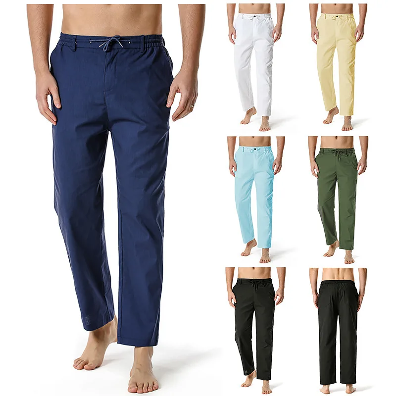 

Мужские однотонные льняные прямые повседневные брюки большого размера 3XL удобные свободные брюки на шнуровке Весенняя мужская одежда в сти...