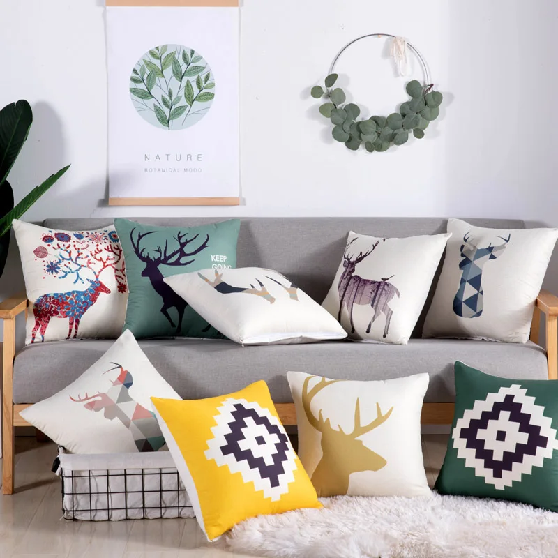 

чехол на диван подушка обнимашка Cushion cover НОВАЯ РОЖДЕСТВЕНСКАЯ маленькая свежая наволочка, простой и уникальный принт лося, льняная наволоч...