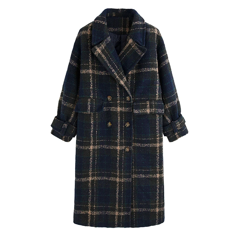 

2020 Winter New Jacket Green Plaid Blends Woolen Coat, Loose Long Temperament Lapel Single-breasted Blend Wool Coats Women