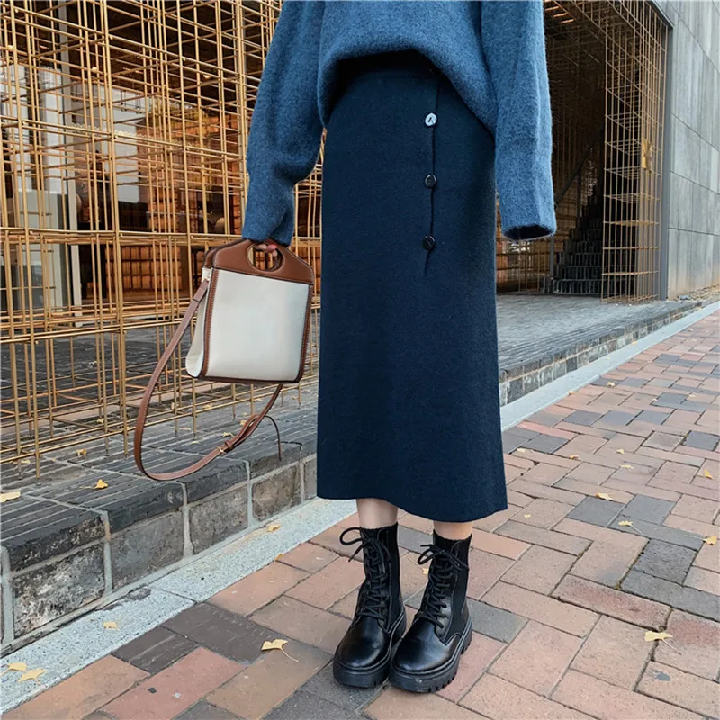 Женская Длинная вязаная юбка элегантная синяя и черная эластичная мягкая теплая