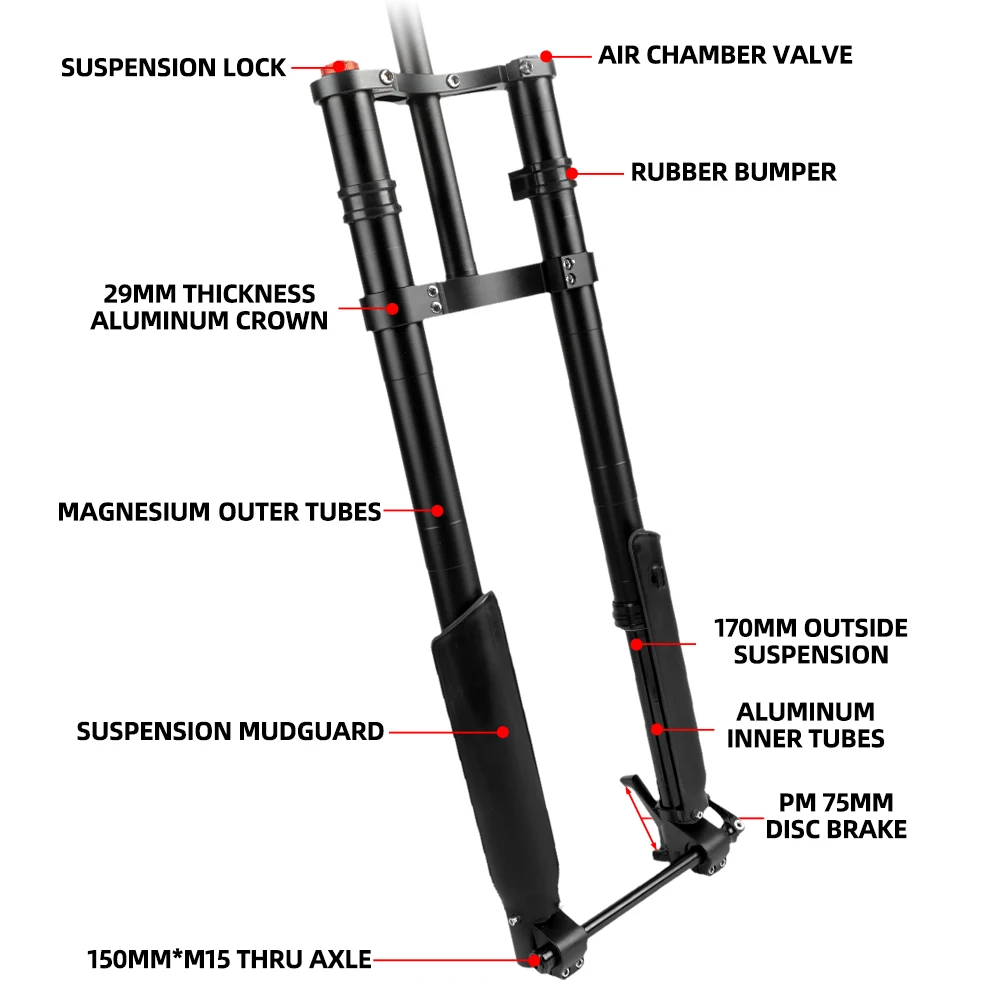 EBike вилка Снежный велосипед Горные горные пневматическая подвеска 150 мм * 15 ось