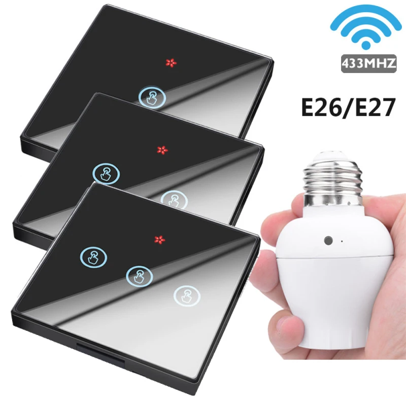 

E26 E27 Smart Switch Lamp Holder Bulb Wireless Touch Switch 1/2/3 gang 433Mhz RF Remote Control Light Wall Panel Home 110V 220V