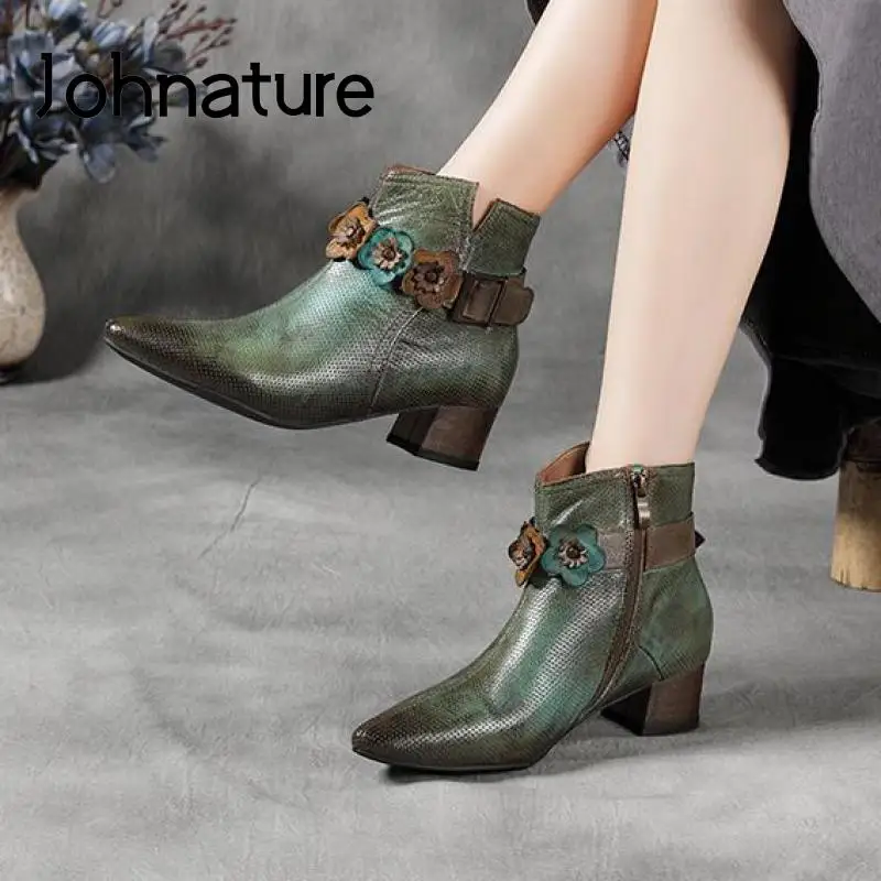 

Johnature Genuine Leather Pointed Toe Shoes Women Boots 2021 New Autumn Winter Retro Zip Sewing Handmade Flower Platform Boots