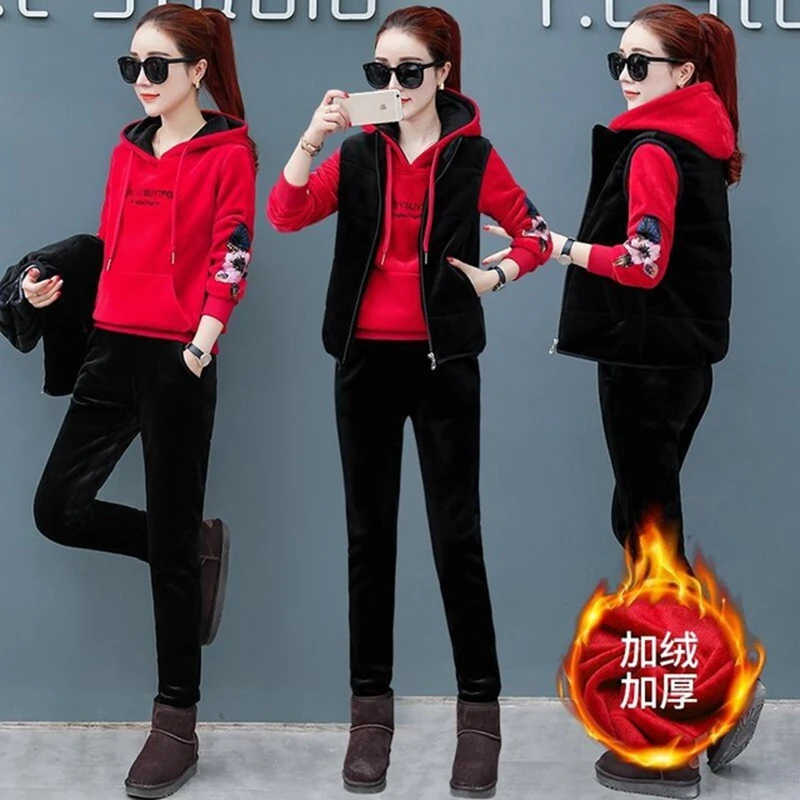 Женский спортивный костюм зима 2019 утолщенный свитер золотые бархатные толстовки